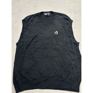 Straight Down Mens Large Black Silk Cotton V-Neck Golf Sweater Vest Embroidered